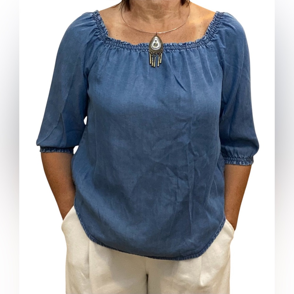 100% Lyocell Denim Look Peasant Blouse Size S #Coastal #Minimalist #Casual